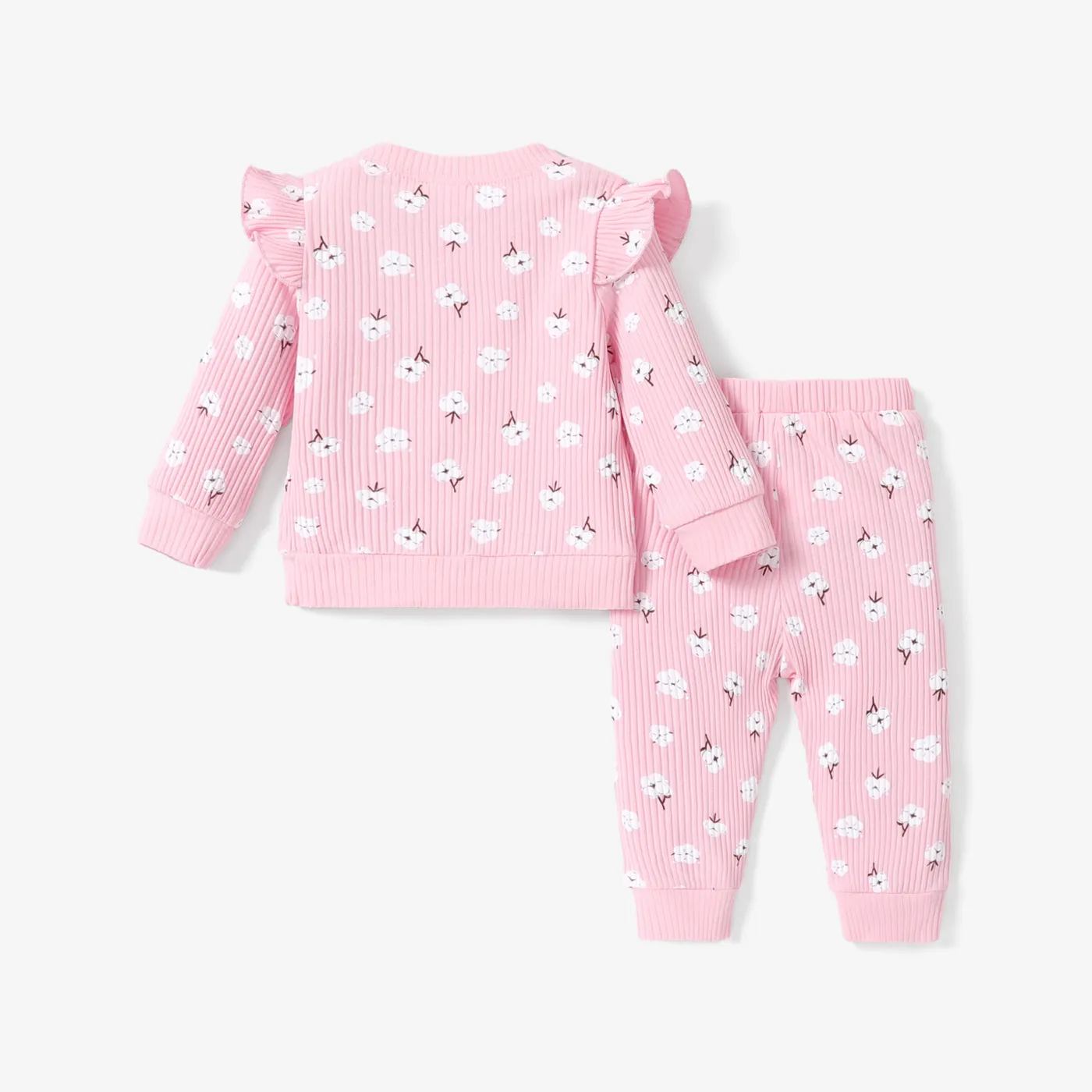 2pcs Baby Girl Floral Print Cotton Ribbed Long-sleeve Set Pink image 2