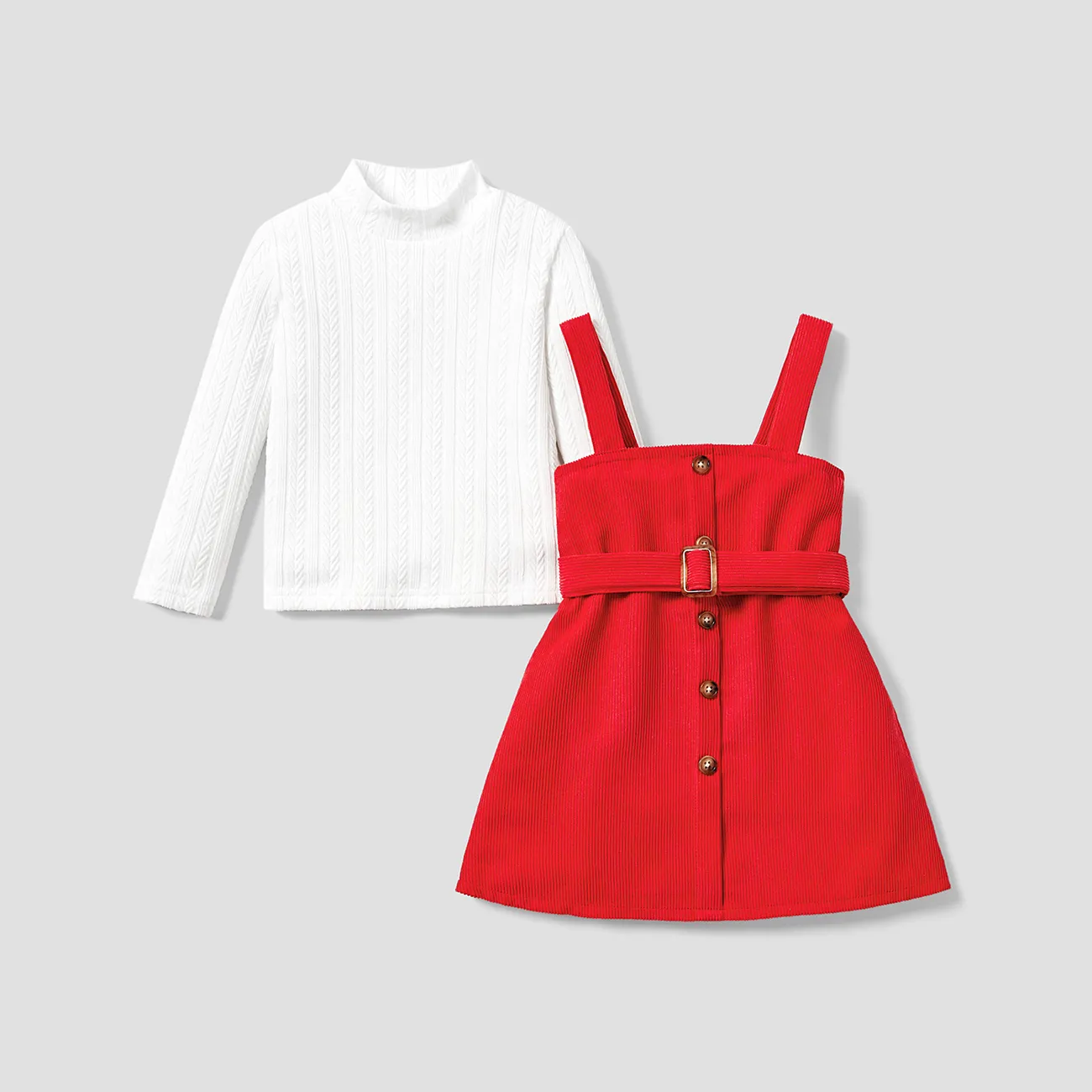 2pcs Toddler Girl Mock Neck Textured White Tee and Button Design Belted Red Overall Dress Set REDWHITE big image 1
