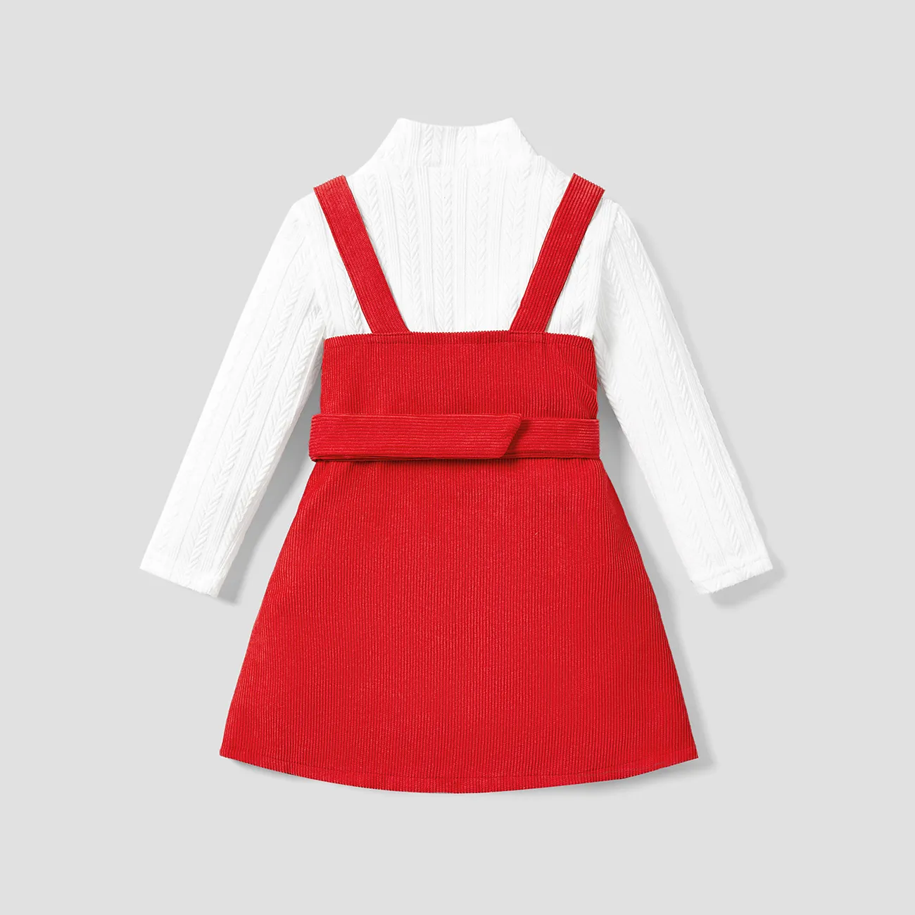 قطعتان من ملابس الفتيات الصغيرات المزركشة برقبة على شكل تي شيرت أبيض وتصميم زر مرتبط باللون الأحمر بشكل عام احمر ابيض big image 1