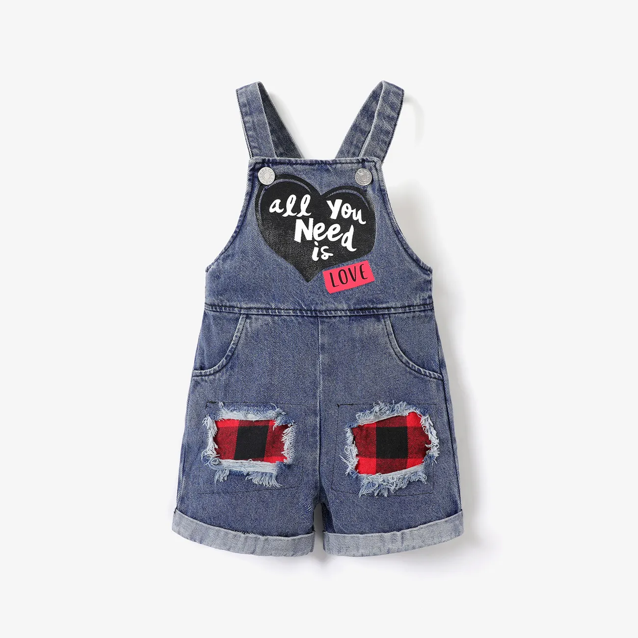 Baby Boy/Girl 100% Cotton Letter Print Plaid Ripped Denim Overalls Shorts big image 1