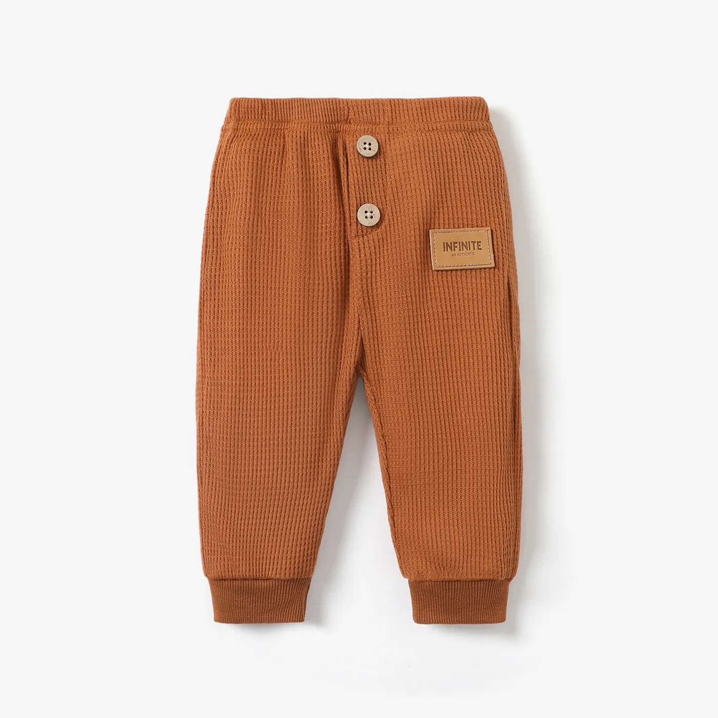 Baby Boy/Girl Letter Patch Detail Solid Waffle Pants Brown big image 1