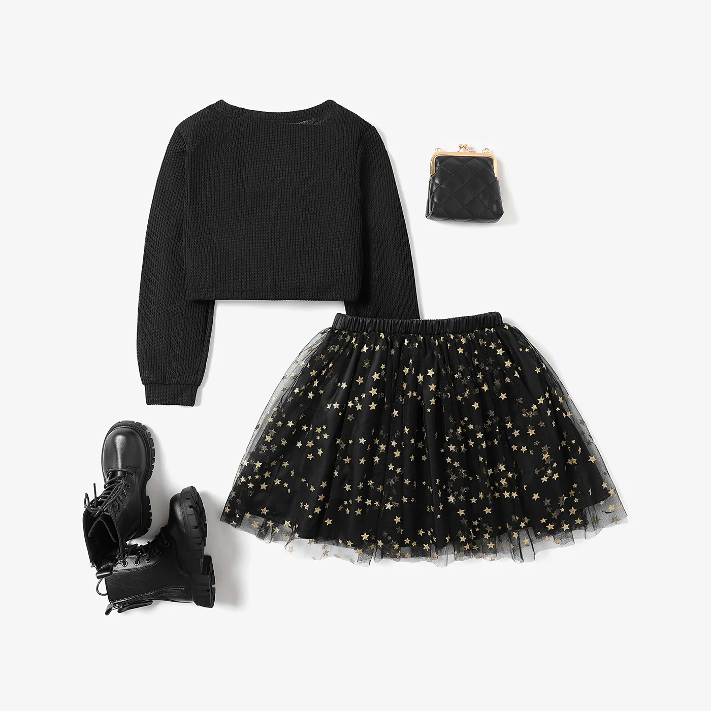 2PCS Kid  Girl Sweet Stars, Moon, and Clouds Design Skirt Suit  Black image 2