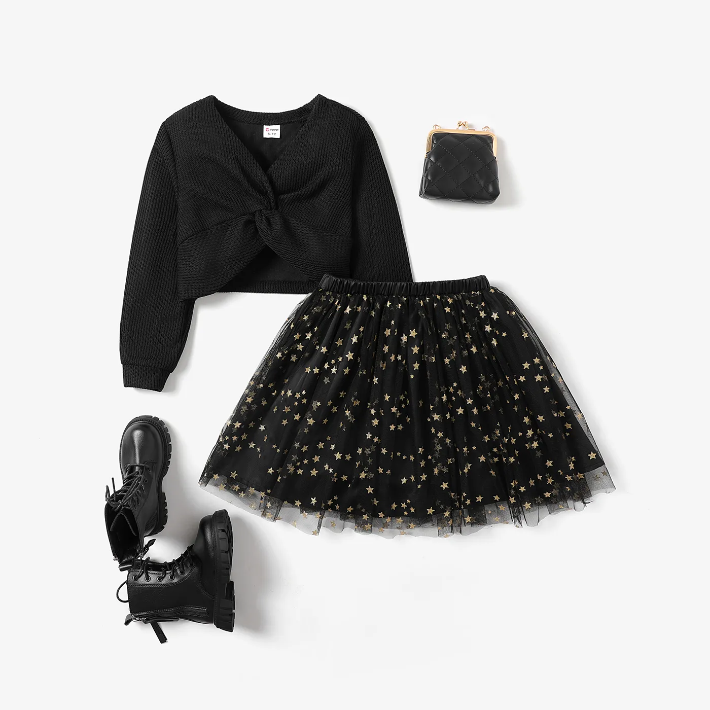 2PCS Kid  Girl Sweet Stars, Moon, and Clouds Design Skirt Suit  Black big image 1