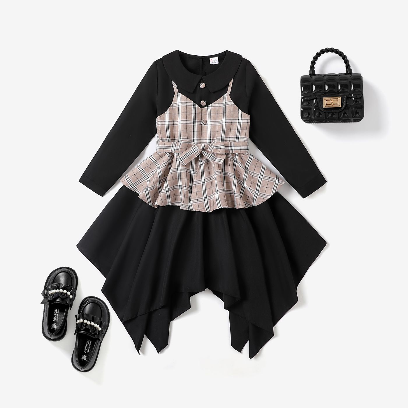 2pcs Kid Girl Grid Pattern Faux Layered Suit Dress