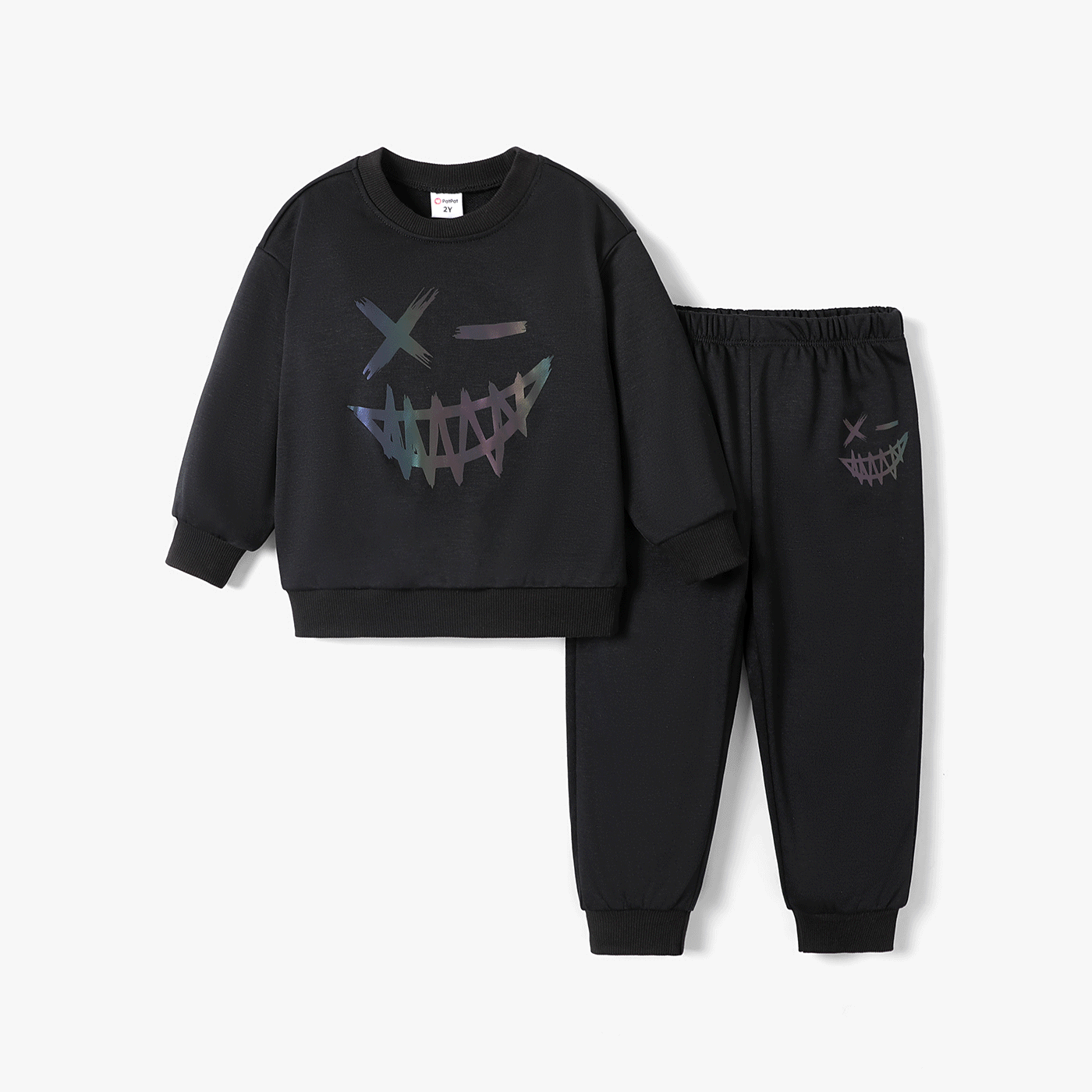 2pcs Toddler Boy Reflective Emoticon Pattern Long Sleeves Sets