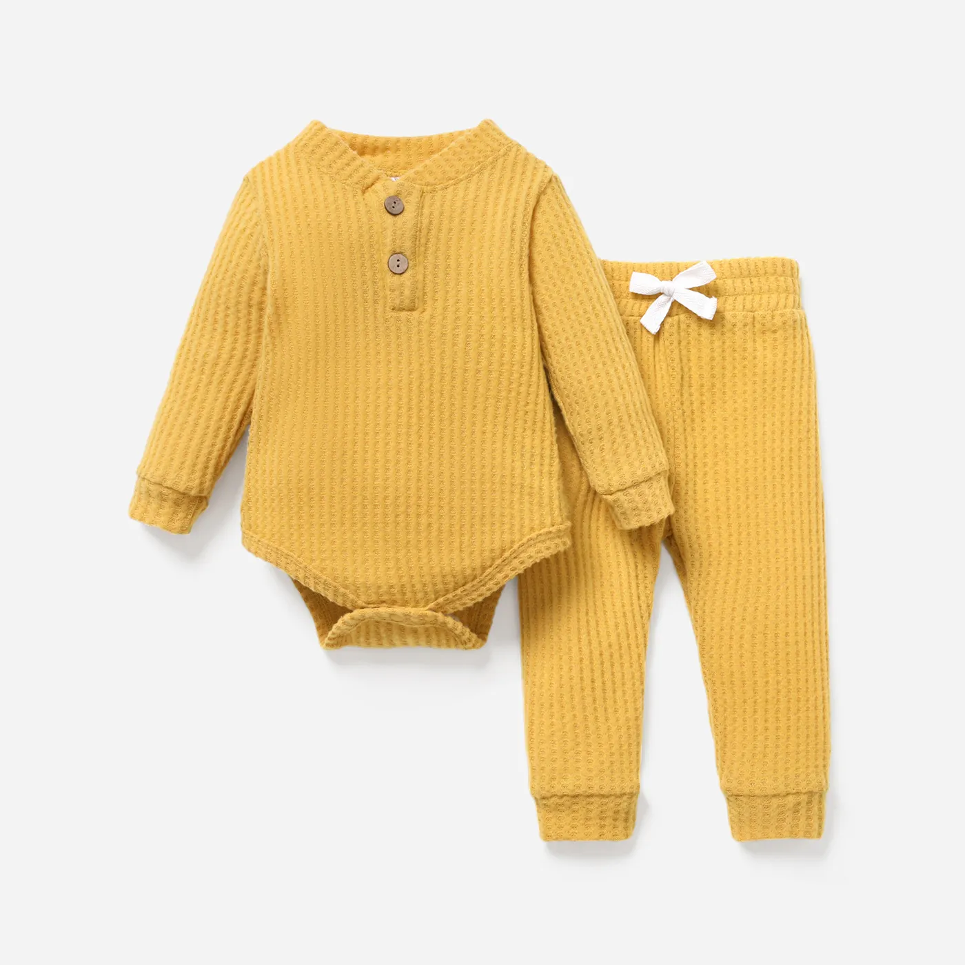 2pcs Solid Waffle Long-sleeve Baby Set Ginger
