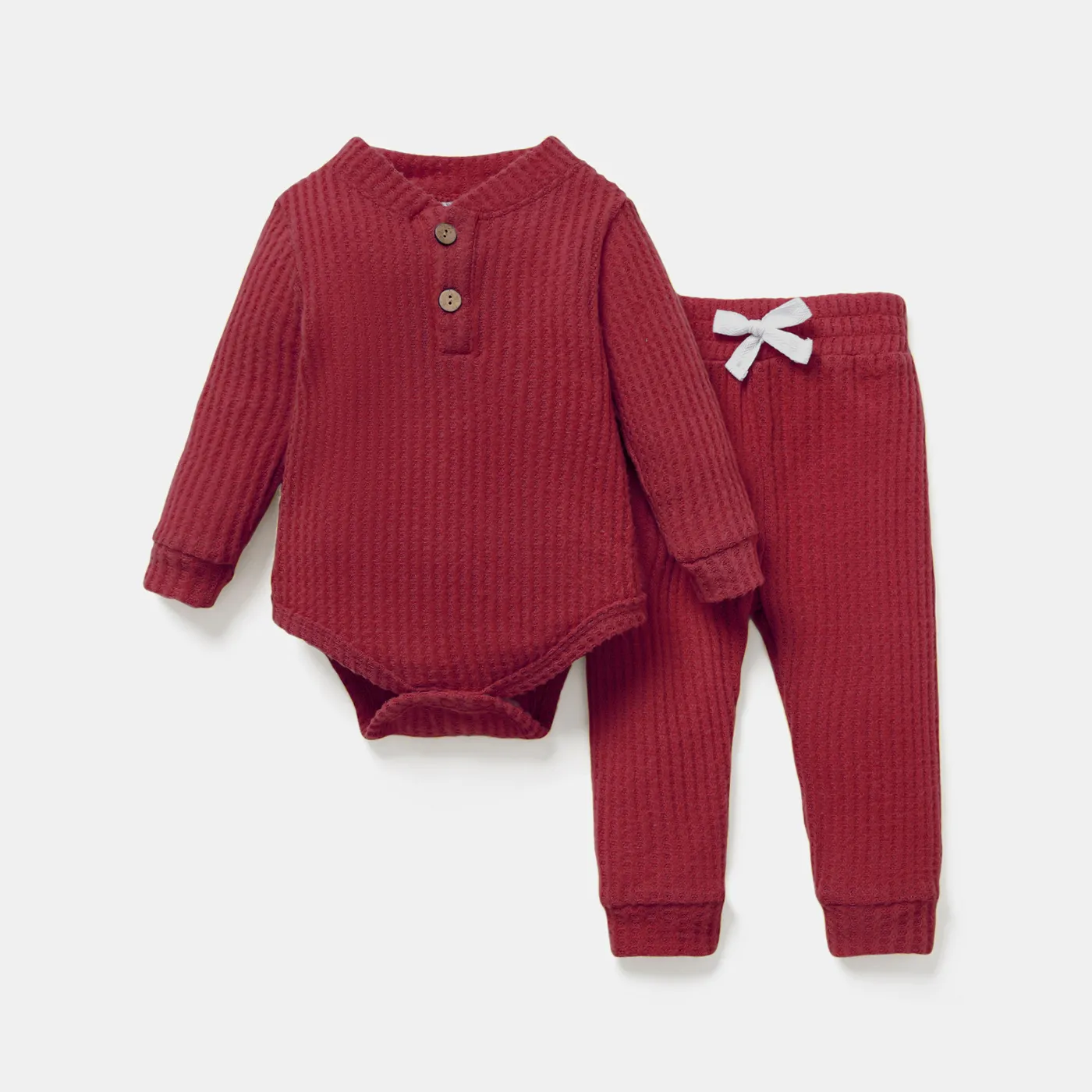 2pcs Solid Waffle Long-sleeve Baby Set Burgundy