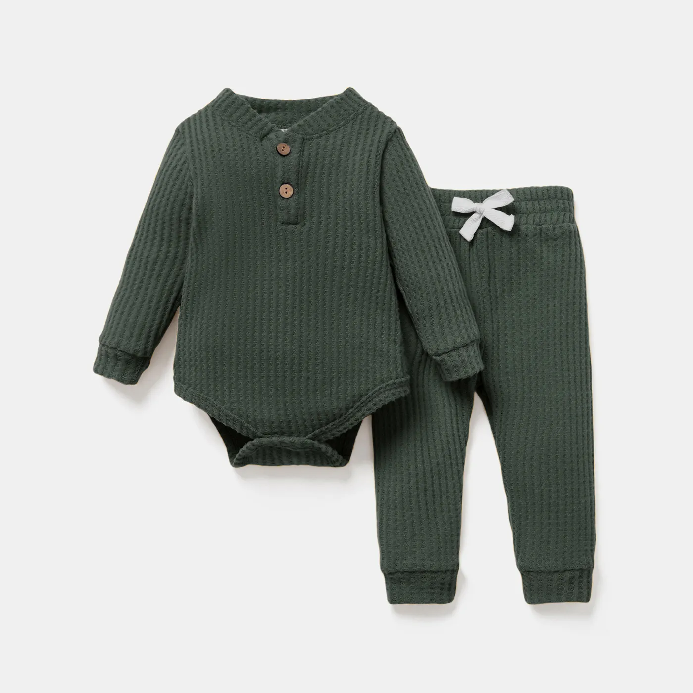 2pcs Solid Waffle Long-sleeve Baby Set Dark Green