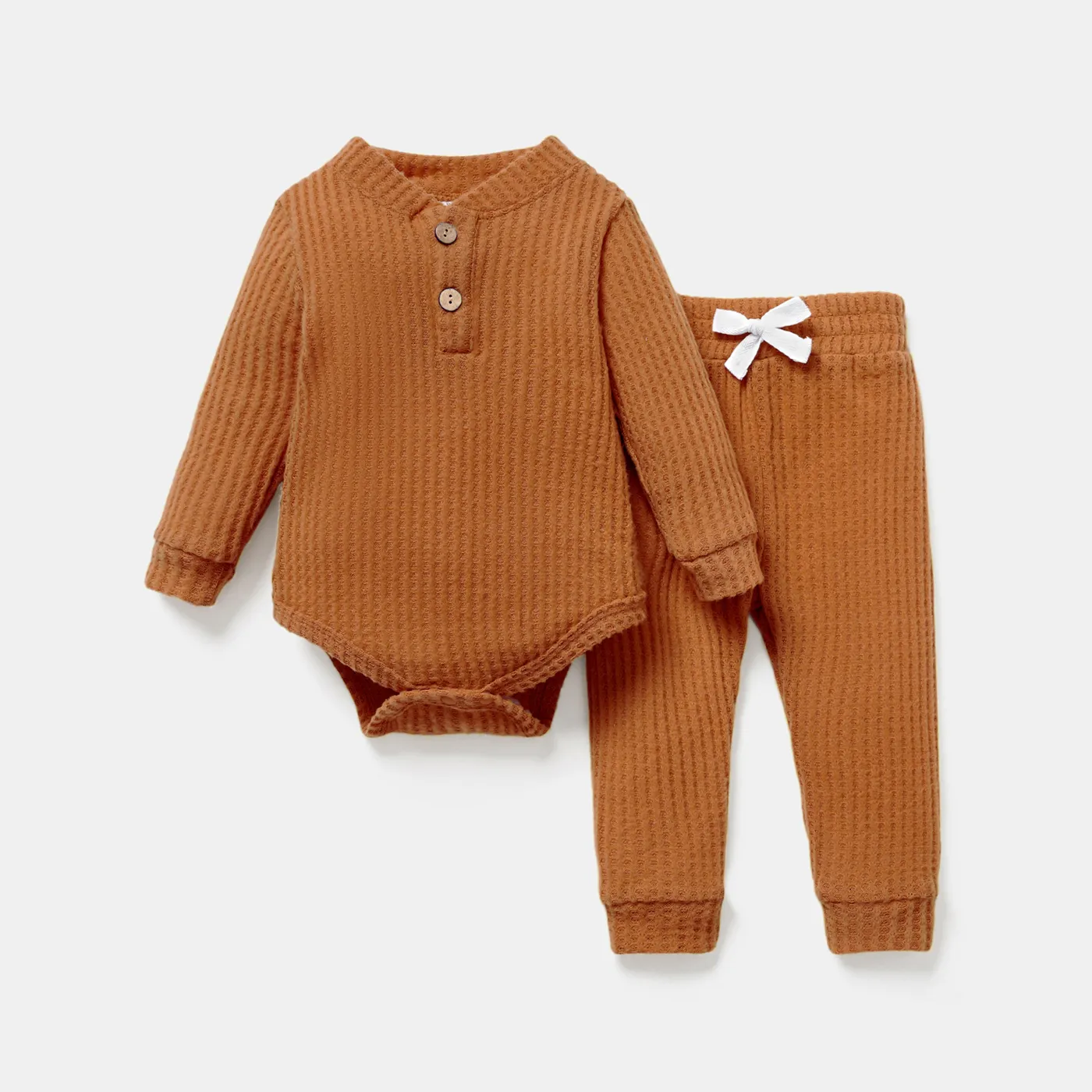 2pcs Solid Waffle Long-sleeve Baby Set Brown