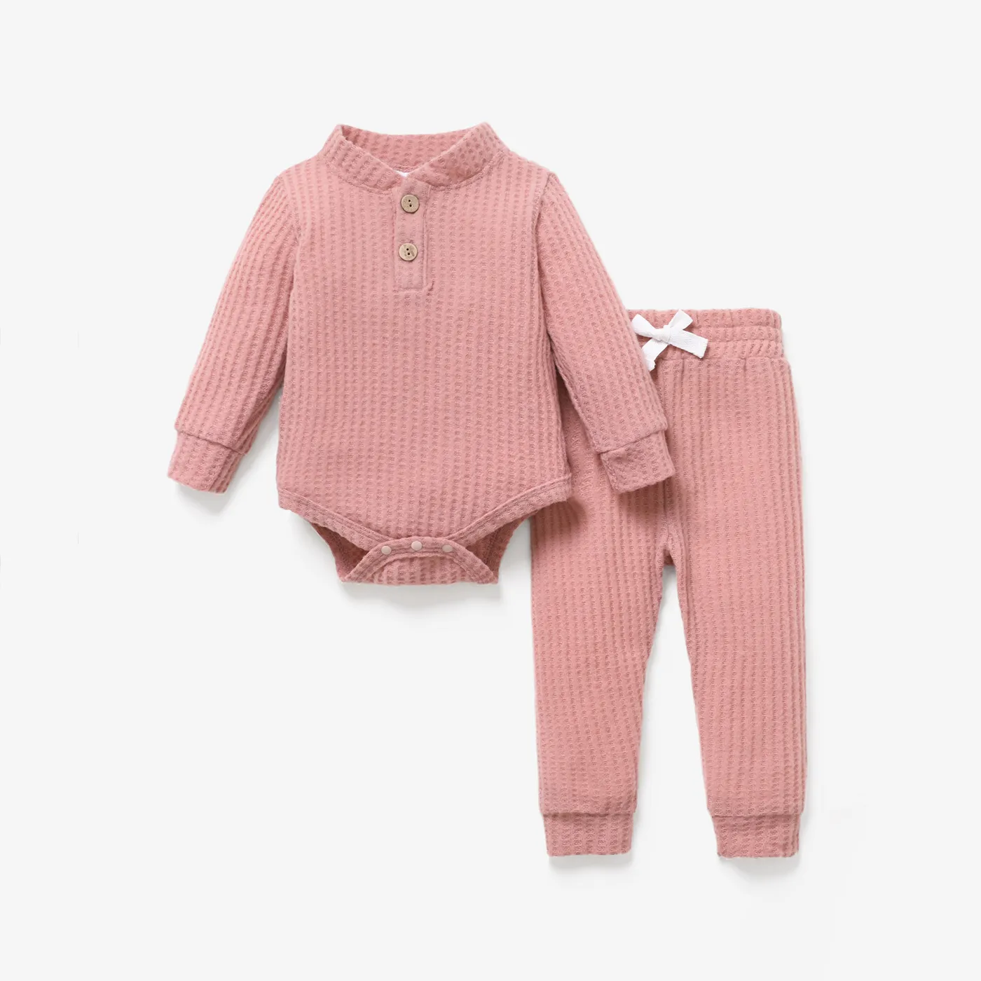 2pcs Solid Waffle Long-sleeve Baby Set Pink