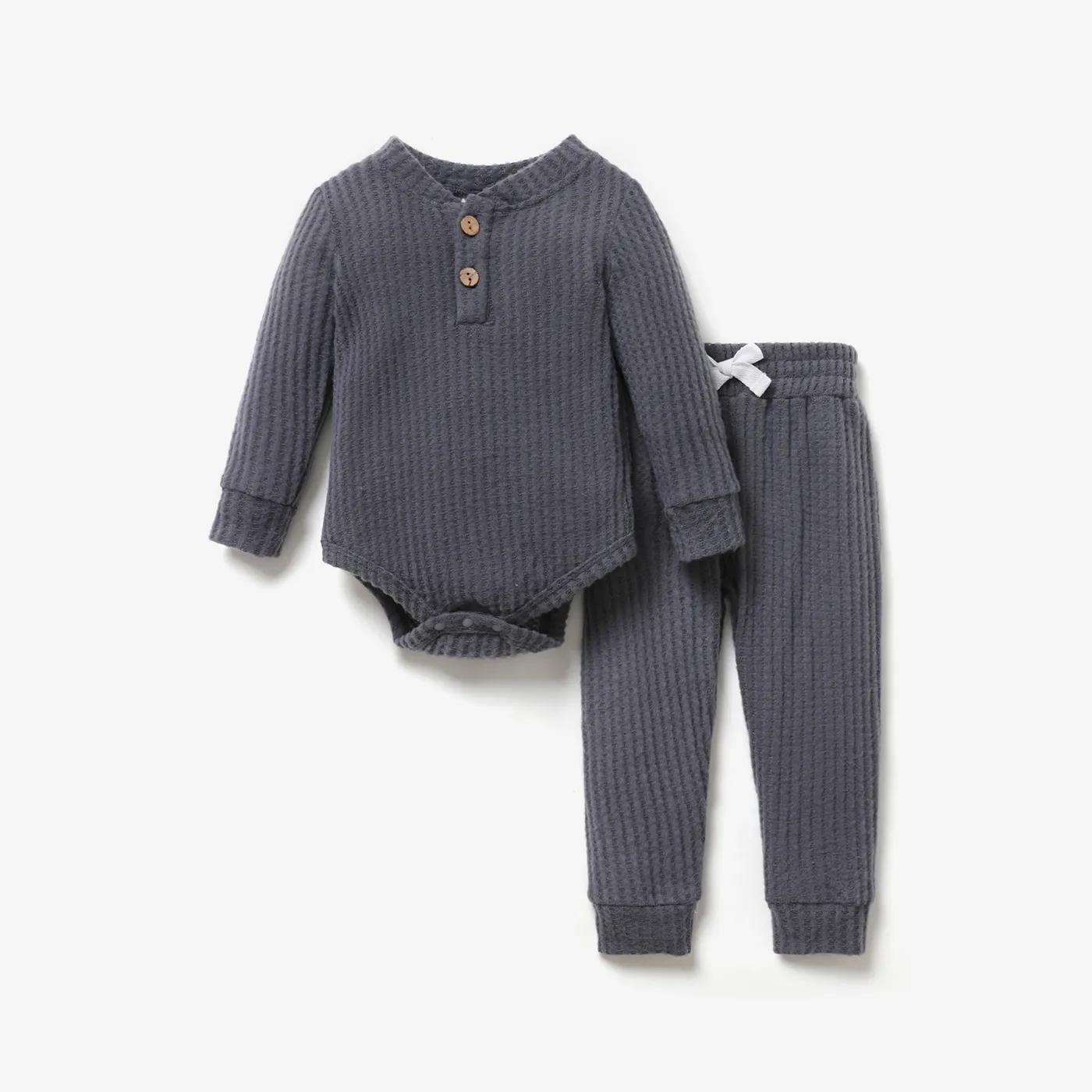 2pcs Solid Waffle Long-sleeve Baby Set Grey