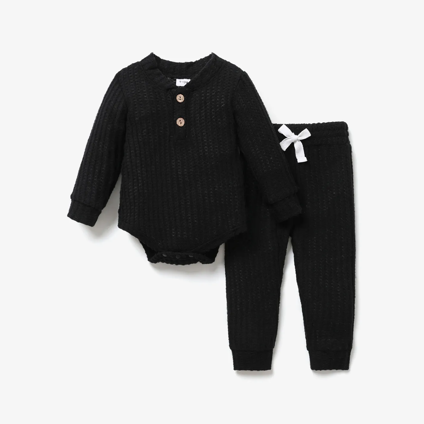 2pcs Solid Waffle Long-sleeve Baby Set Black