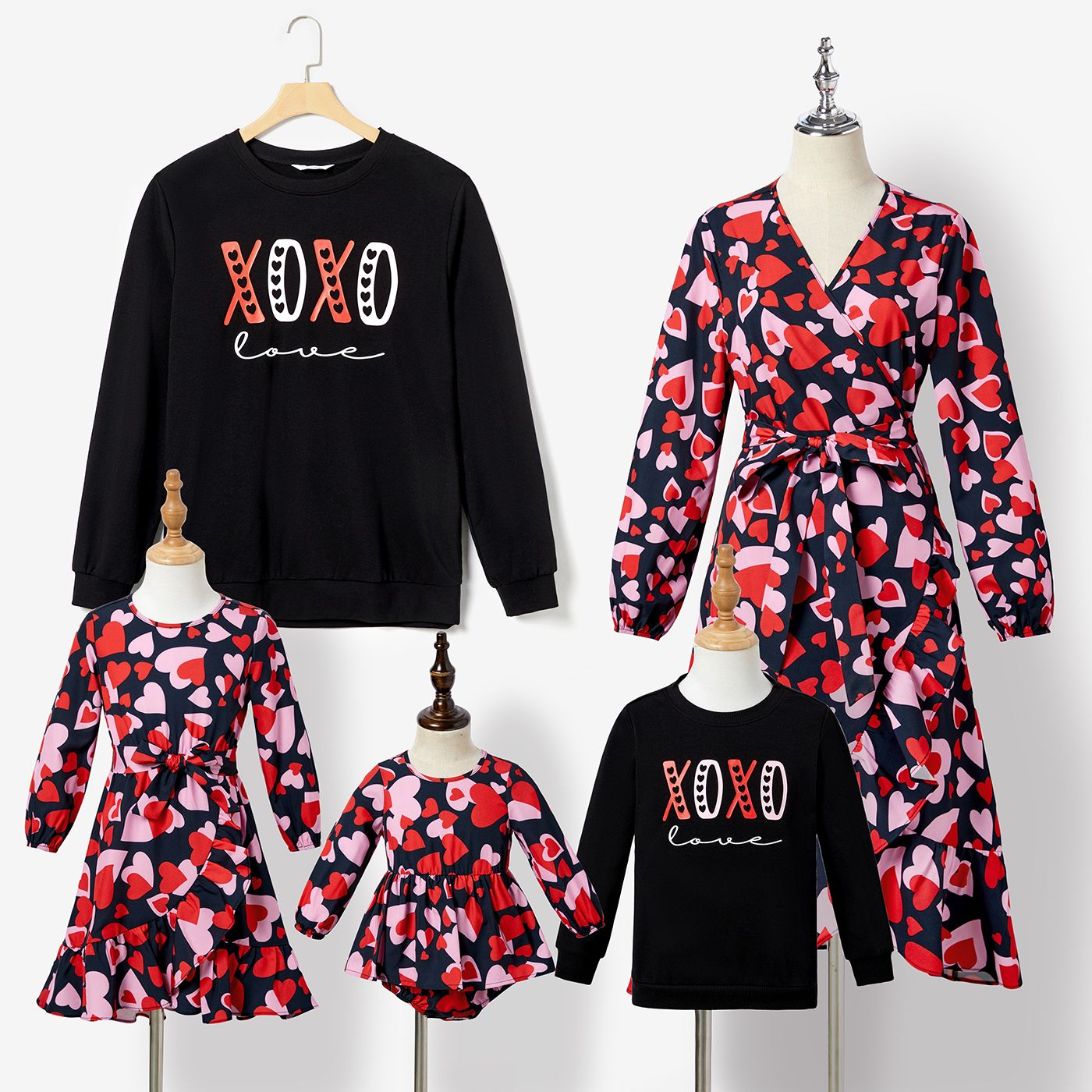 

Family Matching Long-sleeve Letters Print Tops and Love All-over Print Irregular/Smocked Hem Belted Dresses Sets