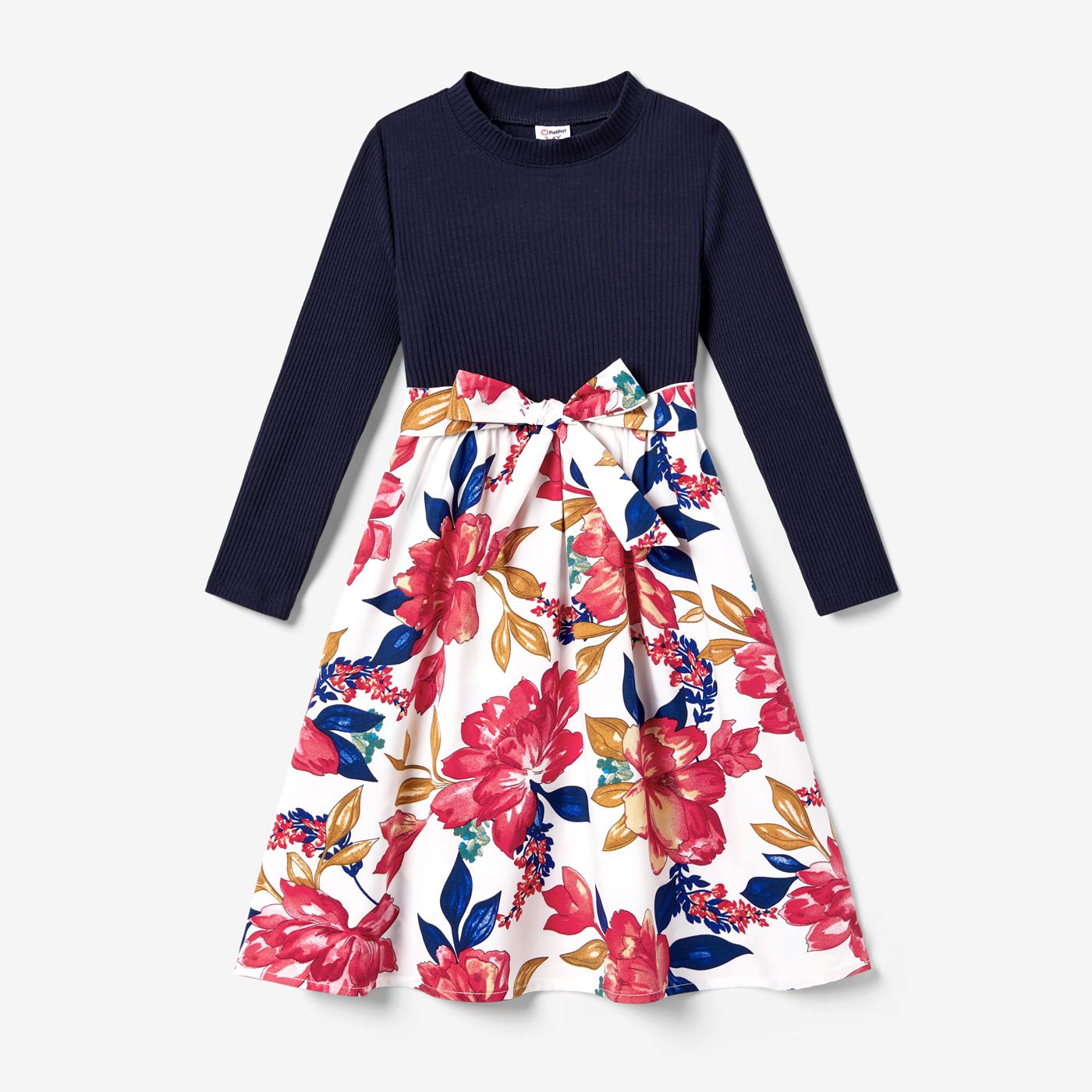 Family Matching Casual Long Sleeve Color-block Tops And Big Flower Print Belted Fabric Splicing Dresses Sets