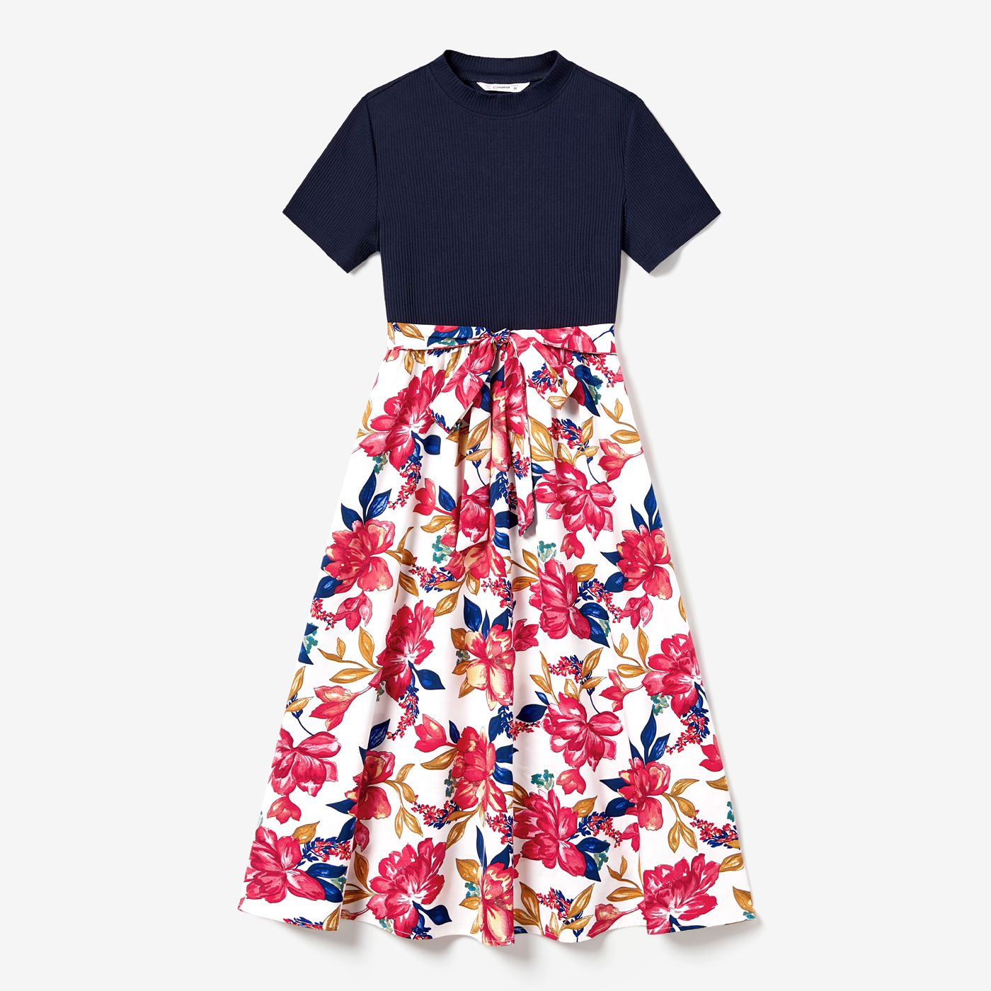 Family Matching Casual Long Sleeve Color-block Tops And Big Flower Print Belted Fabric Splicing Dresses Sets
