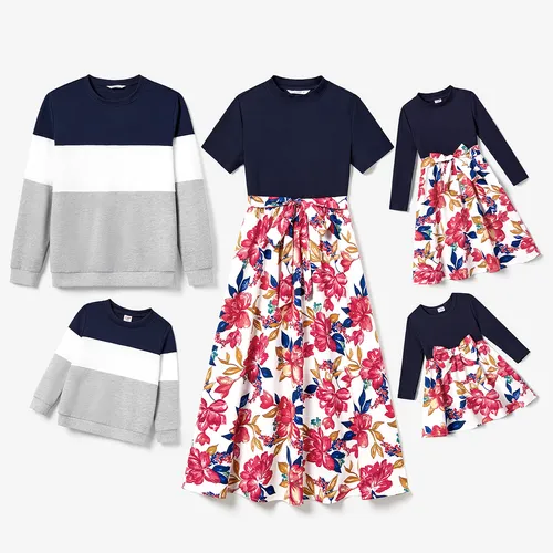 Family Matching Casual Long Sleeve Color-block Tops and Big Flower Print Belted Fabric Splicing Dresses Sets