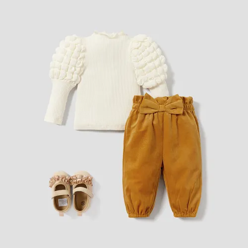 2PCS Baby Girl Hyper-Tactile 3D Solid Color Bubble Long Sleeve Set