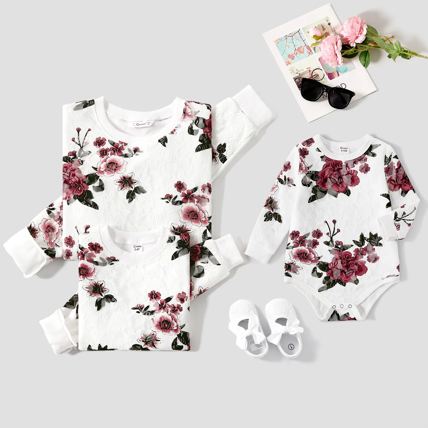 Floral Print Crewneck Drop Shoulder Long-sleeve Tops for Mom and Me