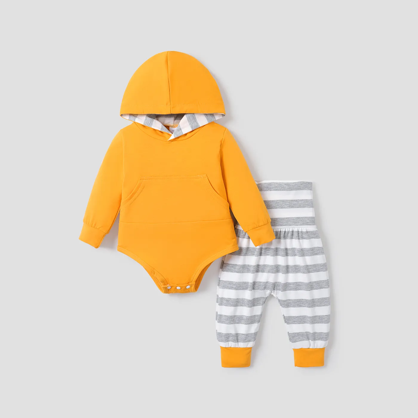 2pcs Solid Long-sleeve Hooded Romper and Stripe Trouser Baby Set