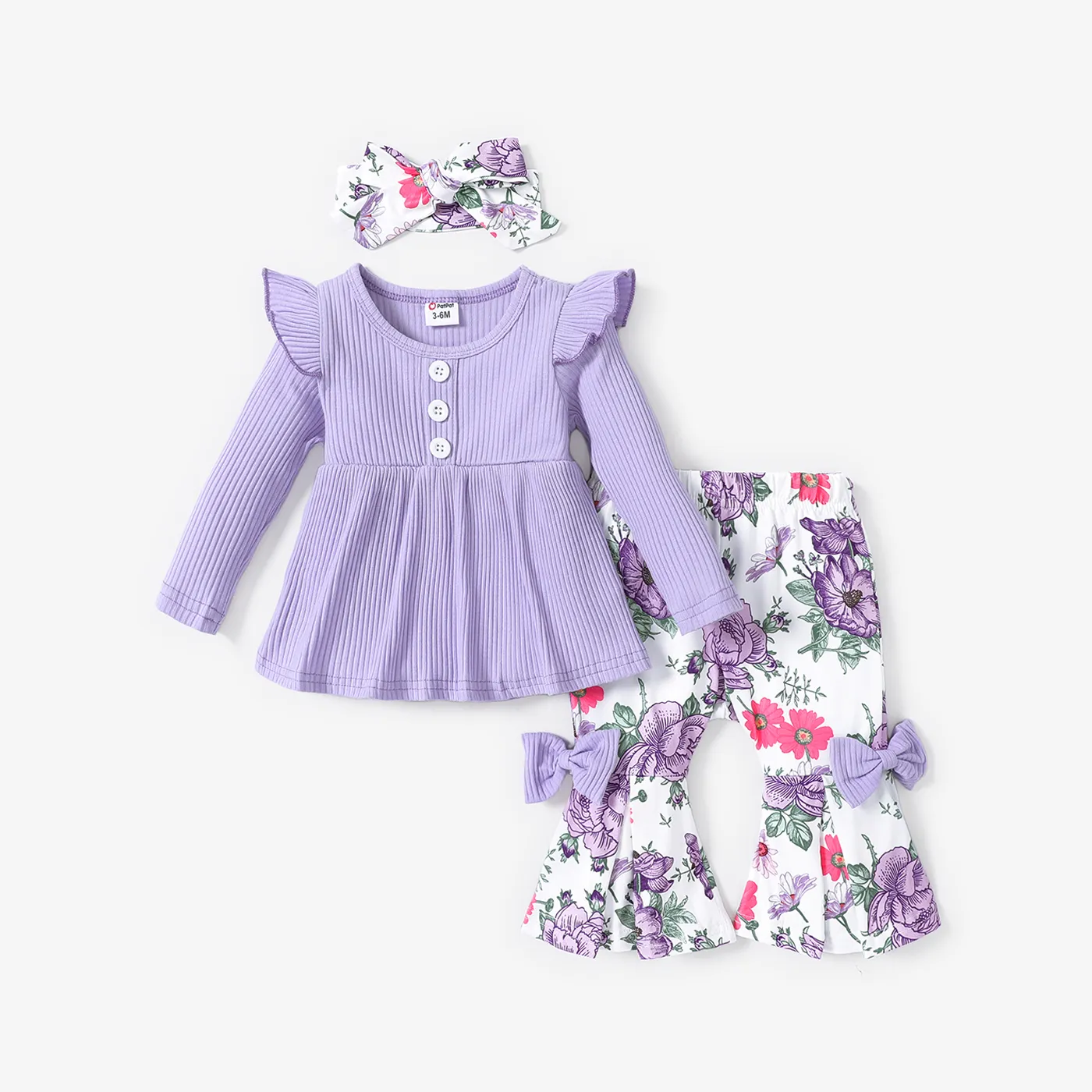 

2pcs Baby Girl 95% Cotton Ribbed Ruffle Buttons Front Long-sleeve Top and Allover Floral Print Bow Decor Flared Pants Set