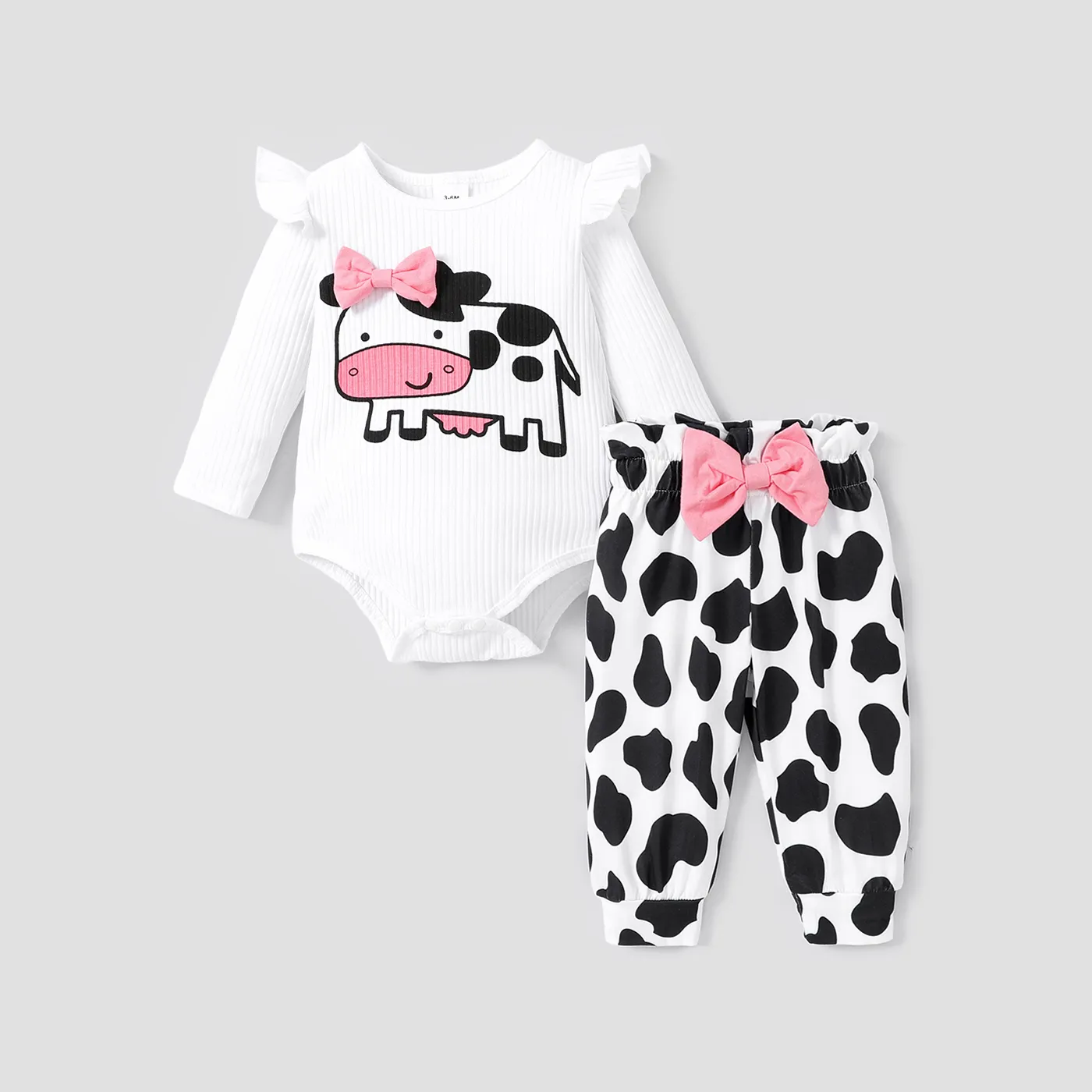 

2pcs Baby Girl 95% Cotton Cow Print Bow Decor Ribbed Ruffle Long-sleeve Bodysuit and Pants Set