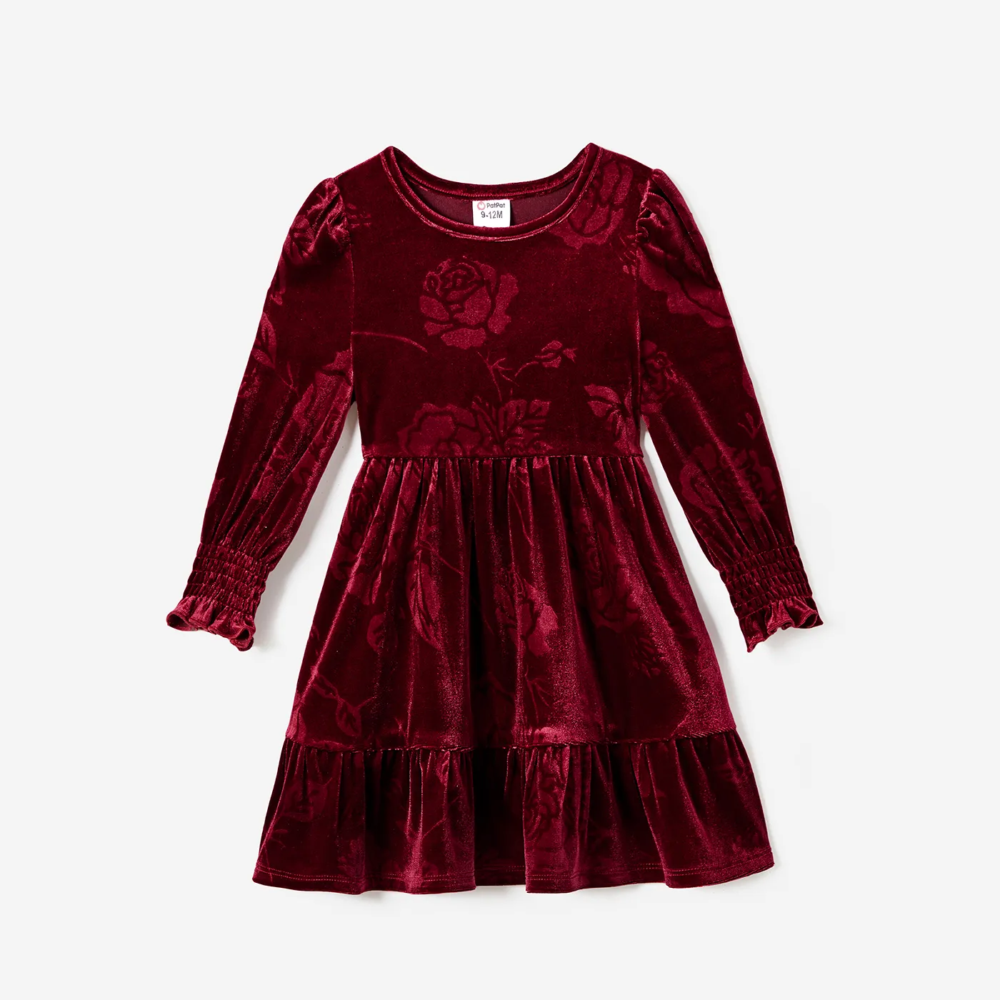 Family Matching Long-sleeve Color-block Stripe Tops and Flora Print Velvet Dresses Sets Burgundy big image 1