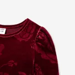 Family Matching Long-sleeve Color-block Stripe Tops and Flora Print Velvet Dresses Sets Burgundy image 4