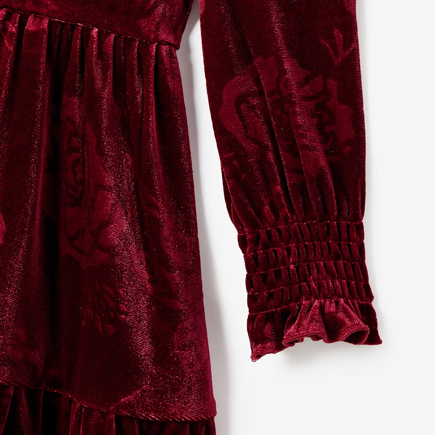 Family Matching Long-sleeve Color-block Stripe Tops and Flora Print Velvet Dresses Sets Burgundy image 5