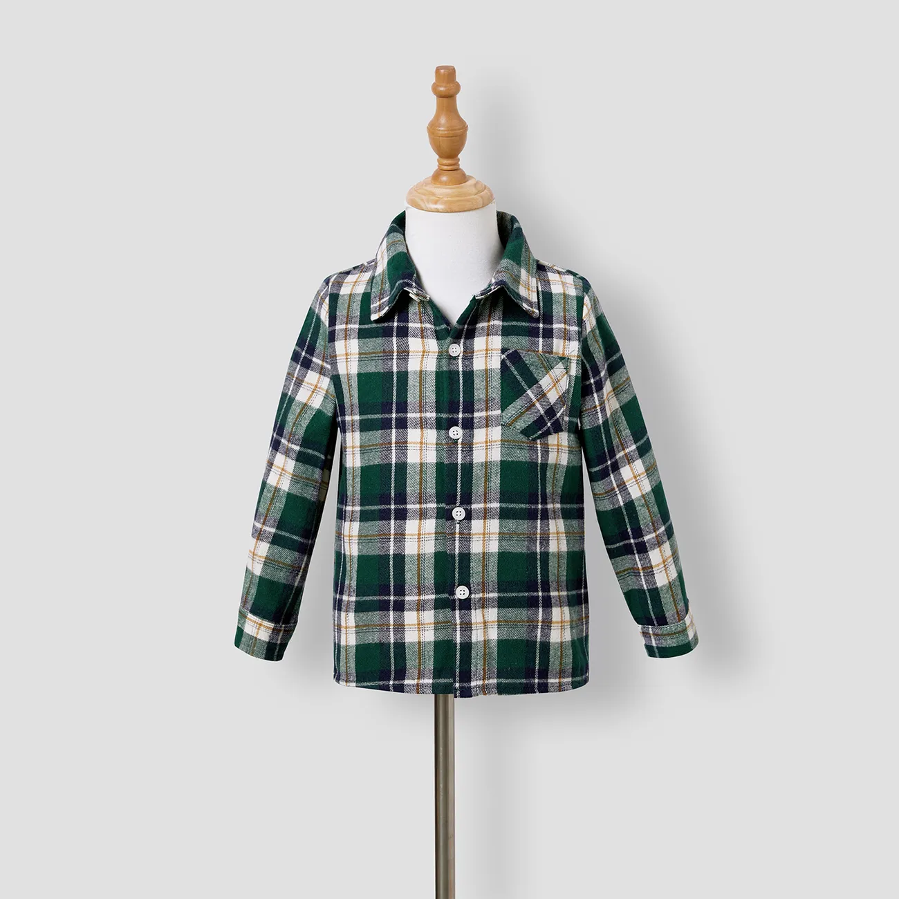 Family Matching Long-sleeve Mesh Splice Belted Dresses and Plaid Shirts Sets Green big image 1