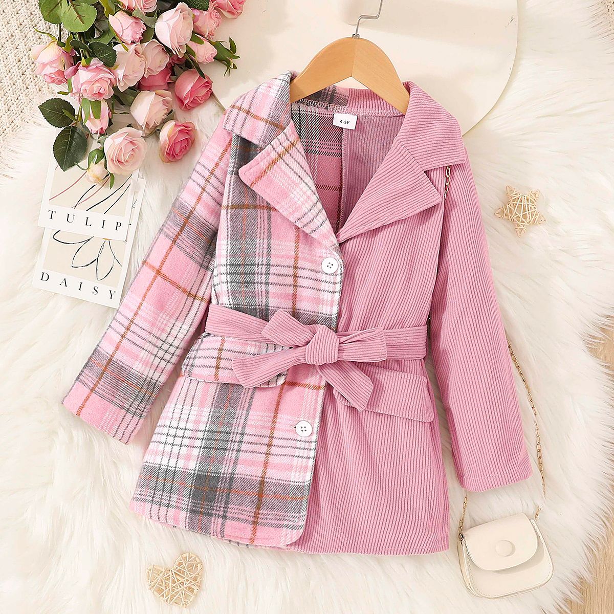 2PCS Toddler Girl Pretty Fabric Stitching Grid / Houndstooth Coat