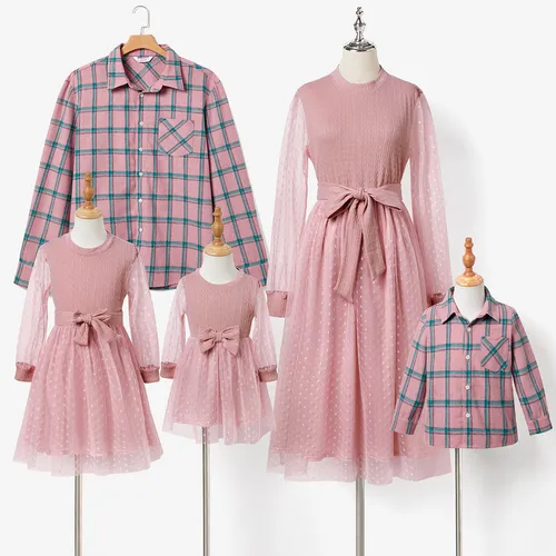Family Matching Pink Long Sleeve Plaid Shirts Tops and Belted Mesh Dresses Sets
