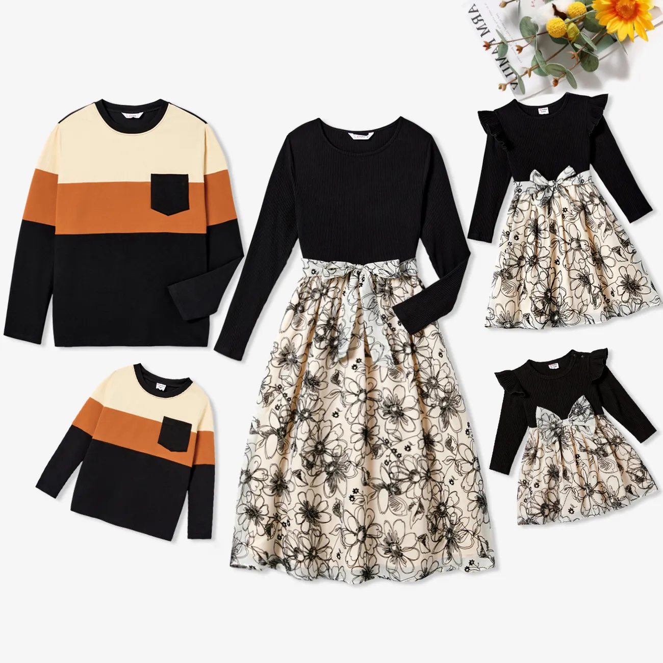 Family Matching Long Sleeve Color-block Tops and Stitching Flower Print Dresses Sets Apricot big image 1