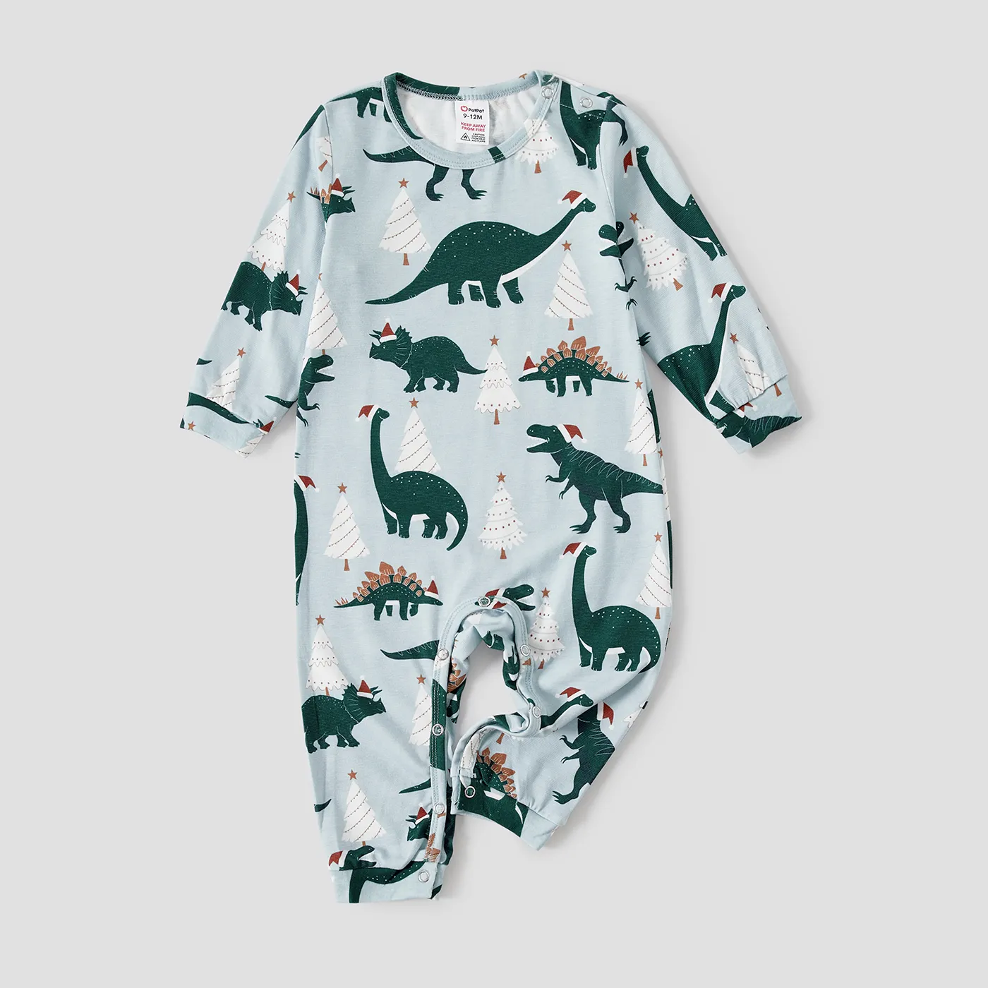 Christmas Family Matching Dinosaur Allover Print Long-sleeve Naia Pajamas Sets (Flame resistant) Green big image 1