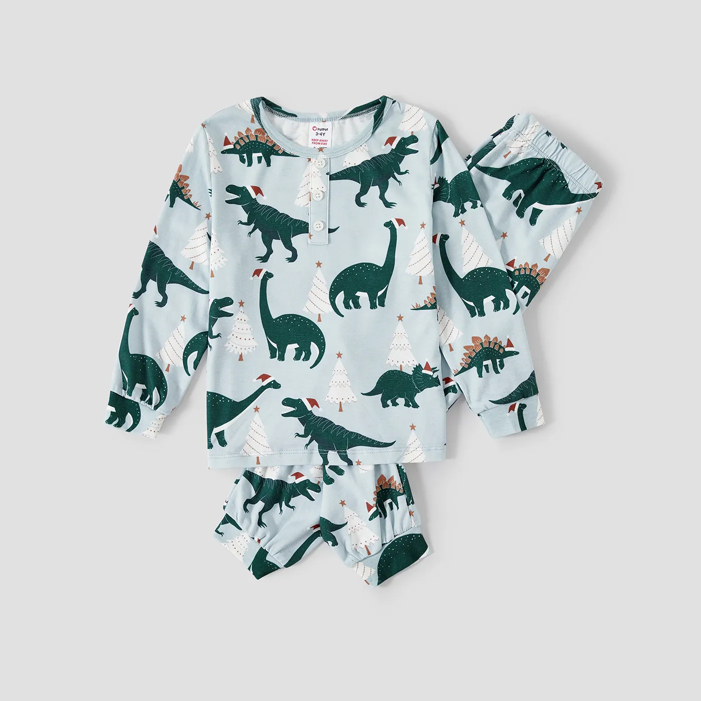 Christmas Family Matching Dinosaur Allover Print Long-sleeve Naia Pajamas Sets (Flame resistant) Green image 6