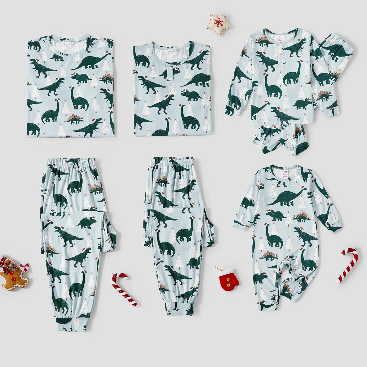 Christmas Family Matching Dinosaur Allover Print Long-sleeve Naia Pajamas Sets (Flame Resistant)