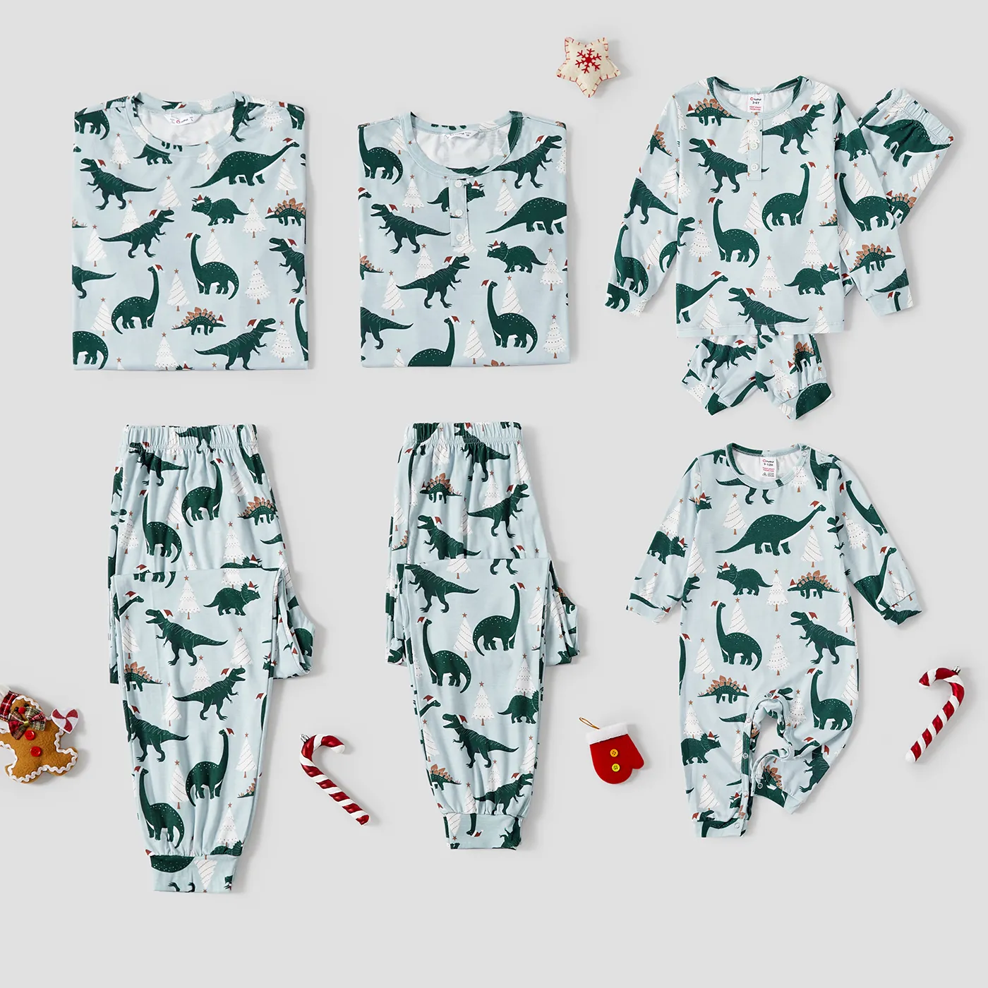Christmas Family Matching Dinosaur Allover Print Long-sleeve Naia Pajamas Sets (Flame resistant) Green image 2