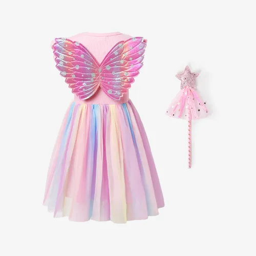 Kid Girl Beautiful Princess Fly Sleeve Heart Rainbow Mesh Fairy Dress