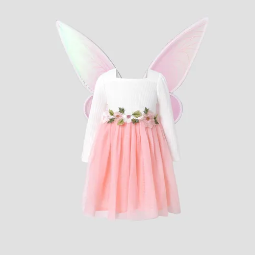 Toddler Girl Contrast Guipure Mesh Panel Rib-knit Long-sleeve Fairy Dress