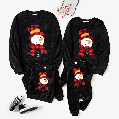 Christmas Family Matching Solid Color Cartoon Snowman Print Long Sleeve Tops