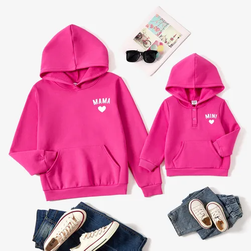Mommy and Me Sweet Pink Letters Print Large Pocket Design Long Sleeve Hooded Tops