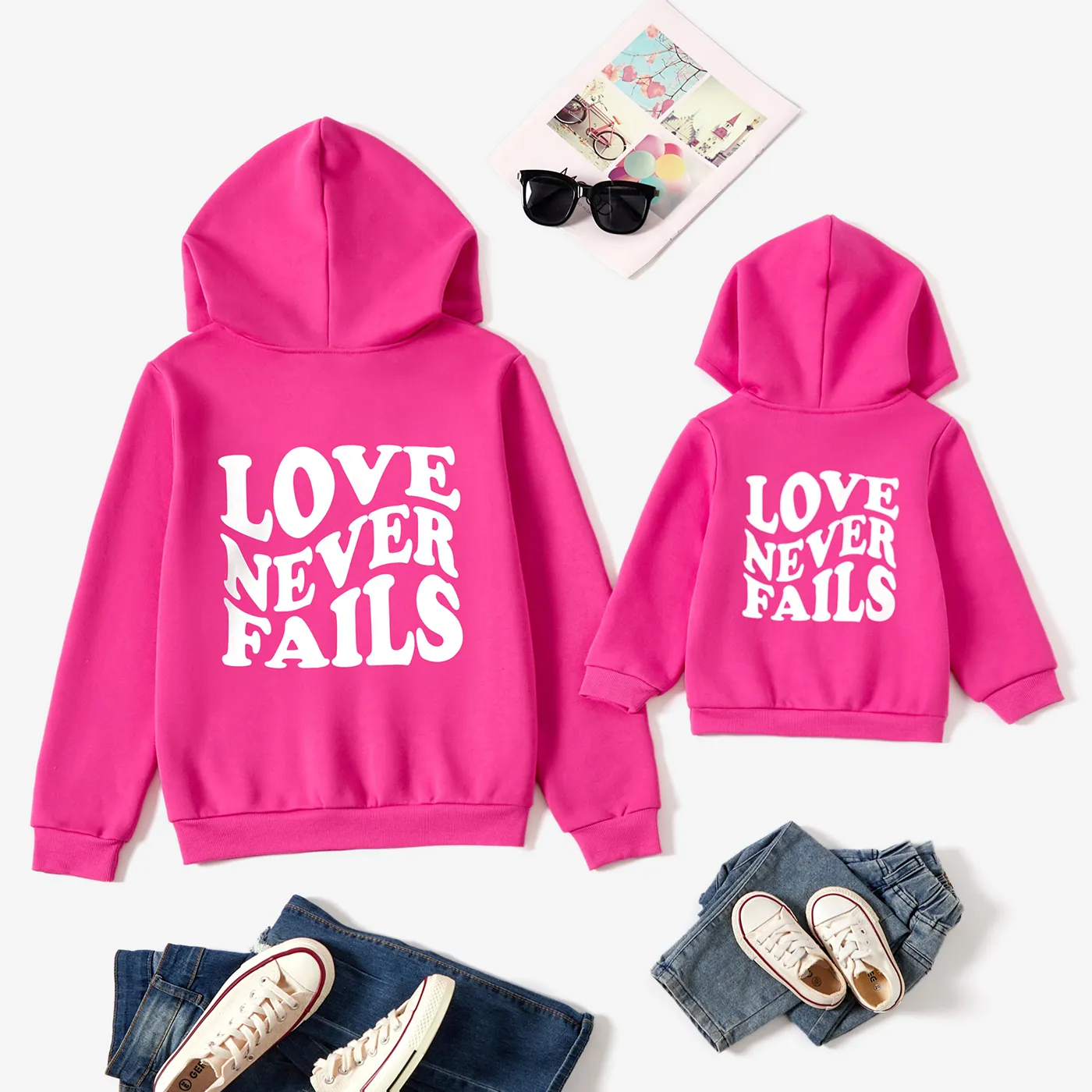 Mommy and Me Sweet Pink Letters Print Large Pocket Design Long Sleeve Hooded Tops Roseo image 3