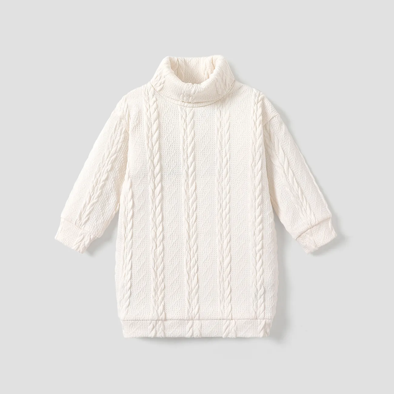 Toddler Girl Turtleneck Cable Knit Long-sleeve Sweater Dress Beige big image 1