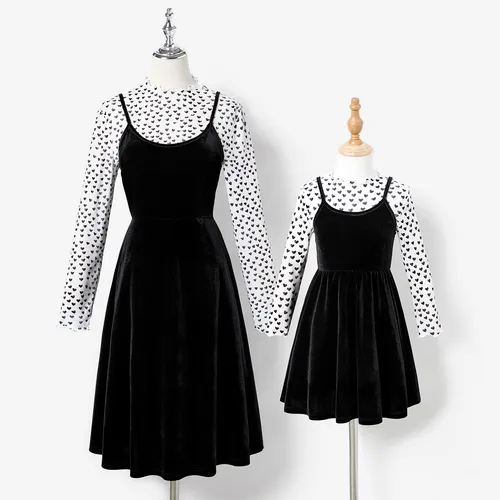 Mommy and Me 2pcs Heart-shaped Tops and Velvet Dresses Sets