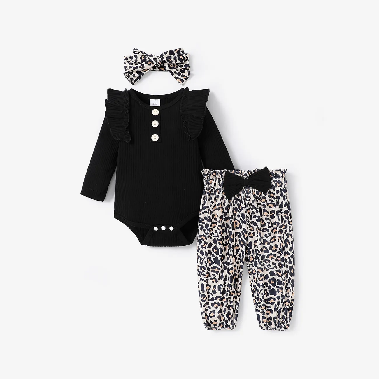 3pcs Baby Girl Solid Rib Knit Ruffle Trim Long-sleeve Romper and Bow Print Leopard Print Pants with Headband Set Black big image 1