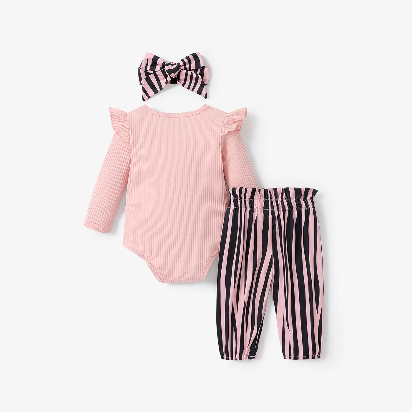 3pcs Baby Girl 95% Cotton Ribbed Letter Print Romper and Striped Pants with Headband Set  image 2