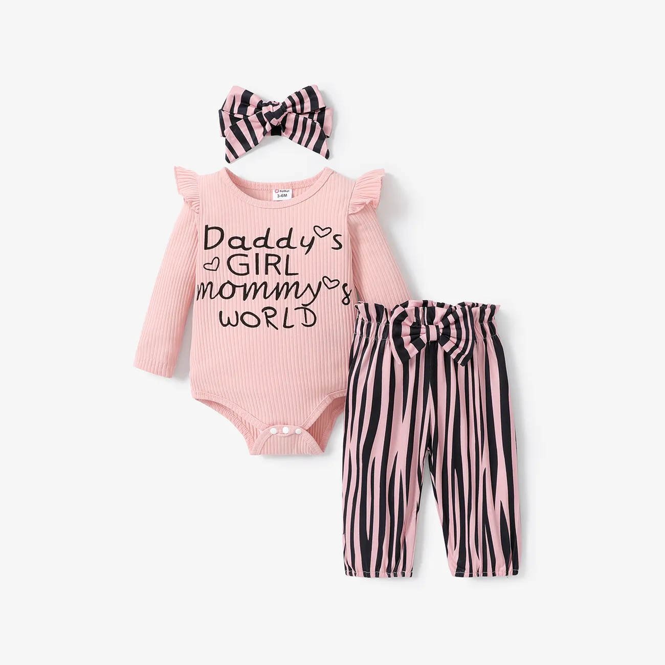 3pcs Baby Girl 95% Cotton Ribbed Letter Print Romper and Striped Pants with Headband Set  big image 1
