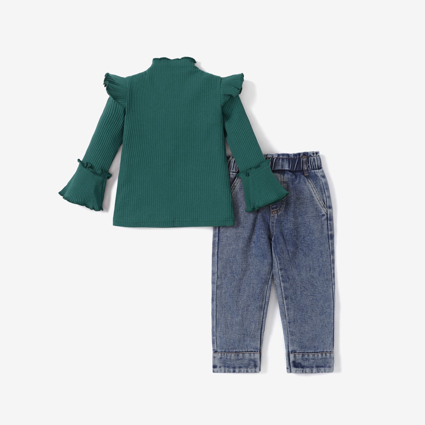 2pcs Toddler Girl Sweet Denim Jeans And Turtleneck Ruffled Bell Sleeves Tee Set