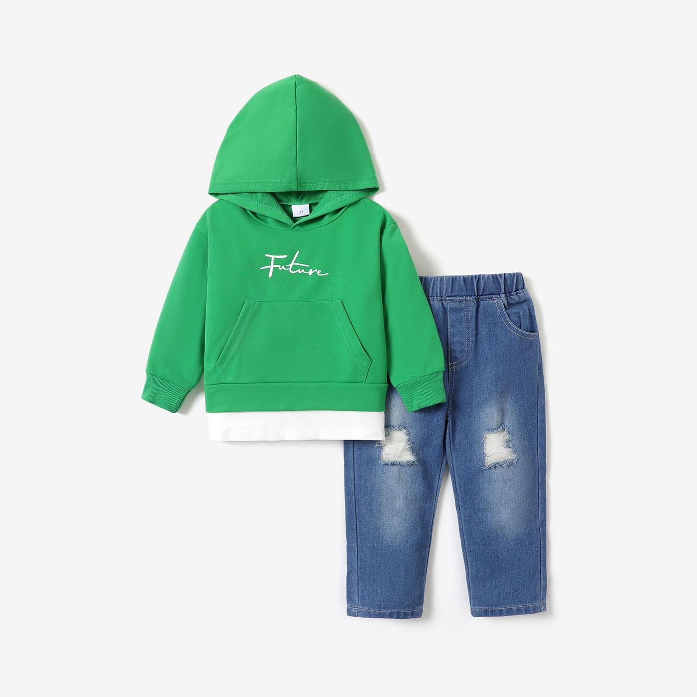 2pcs Toddler Boy Trendy Ripped Denim Jeans And Faux-two Hoodie Sweatshirt Set