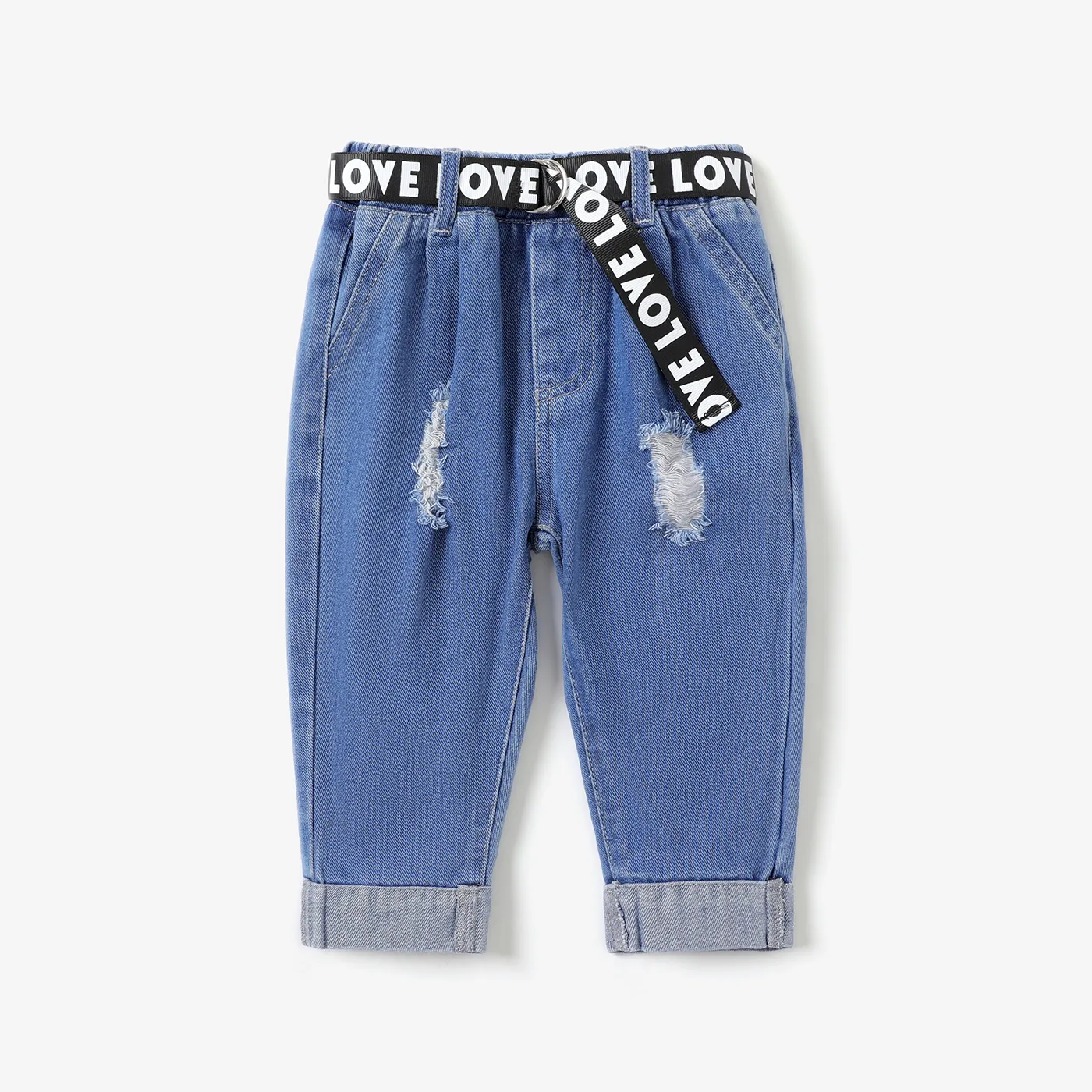 Baby Boy/Girl Belted Roll Up Hem Ripped Denim Jeans Blue big image 1