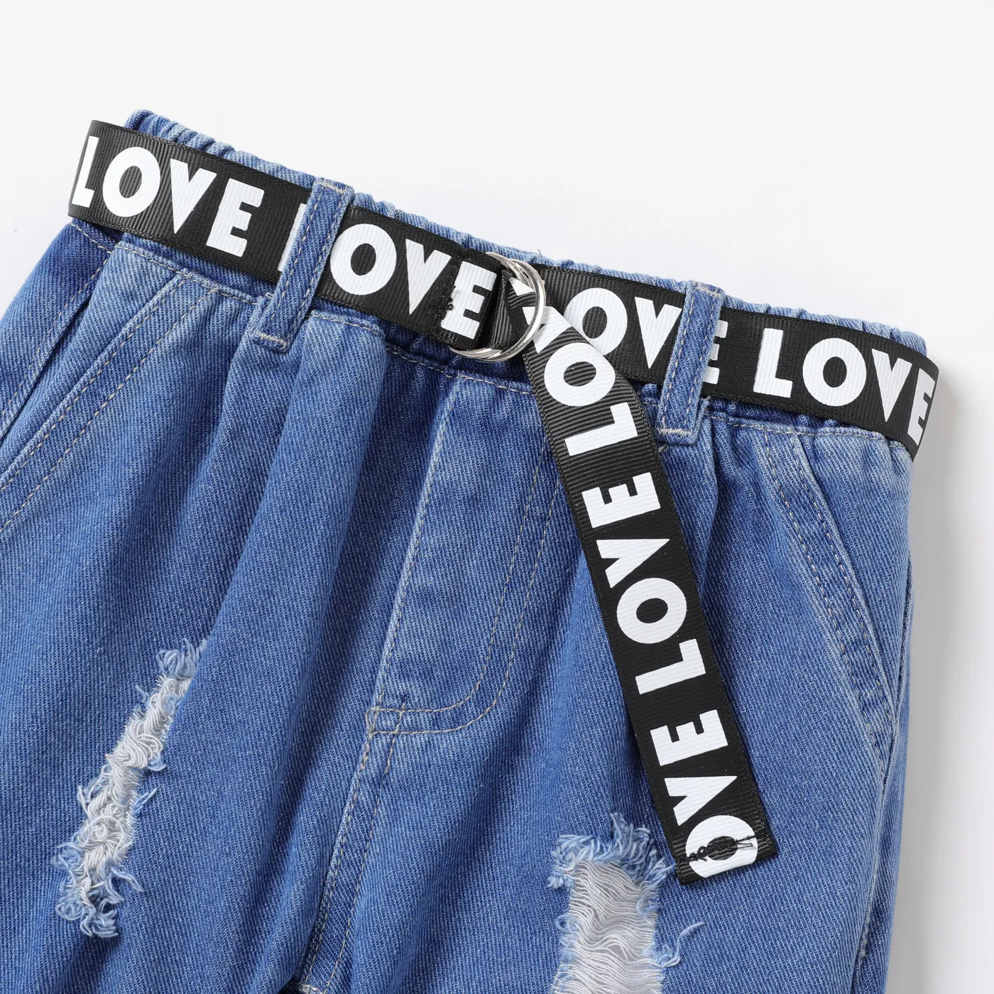 Baby Boy/Girl Belted Roll Up Hem Ripped Denim Jeans Blue image 3